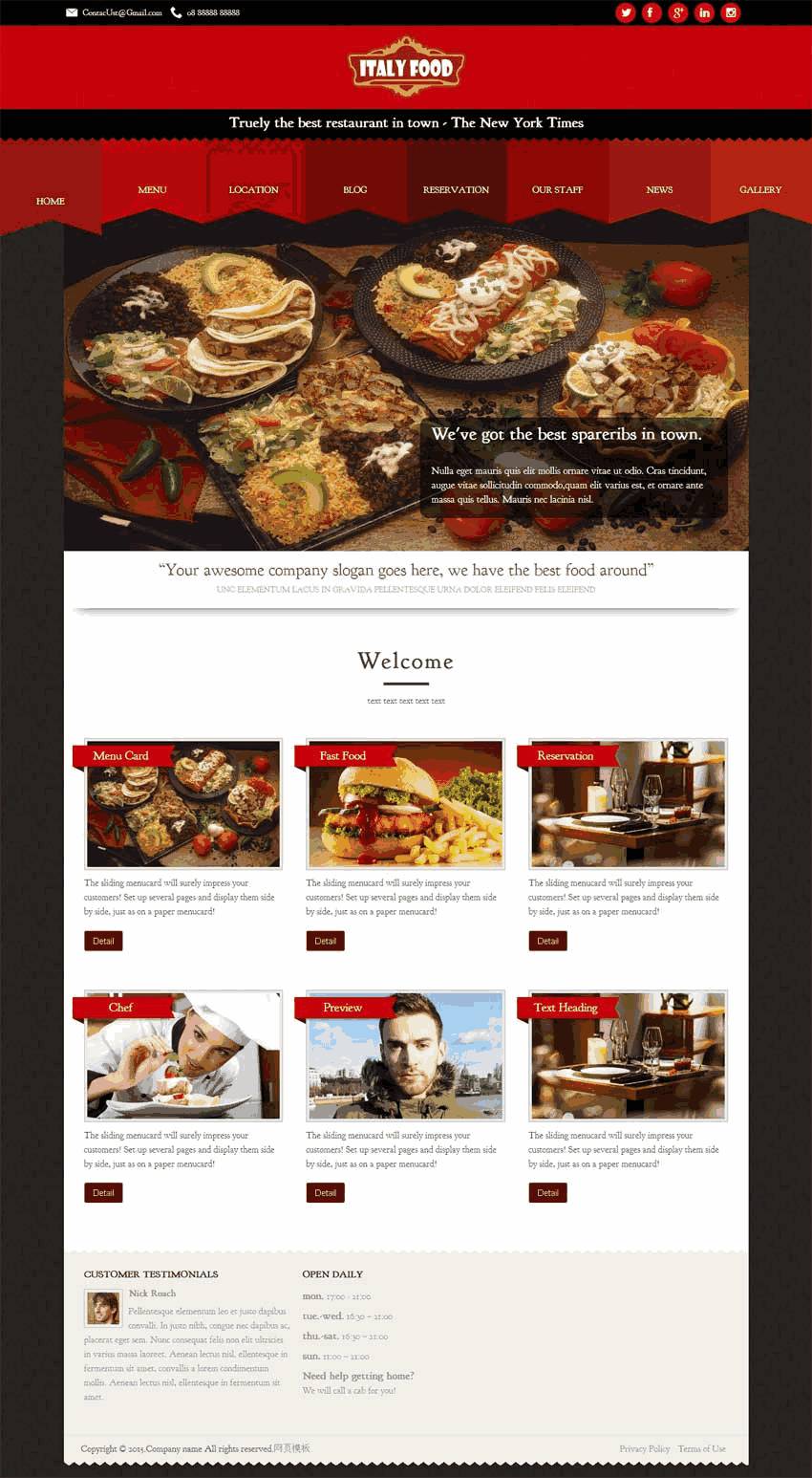 红色国外餐饮料理网站制作_网站建设模板演示图