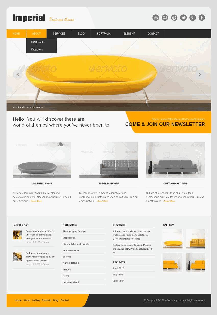 黄色室内家具装饰公司网站WordPress模板带手机端演示图
