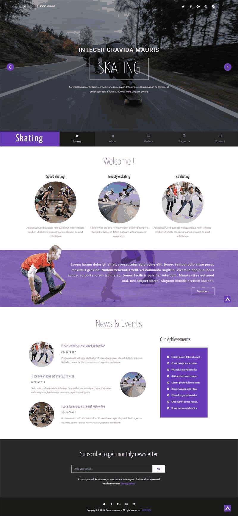 紫色大气滑板俱乐部网站WordPress模板下载演示图
