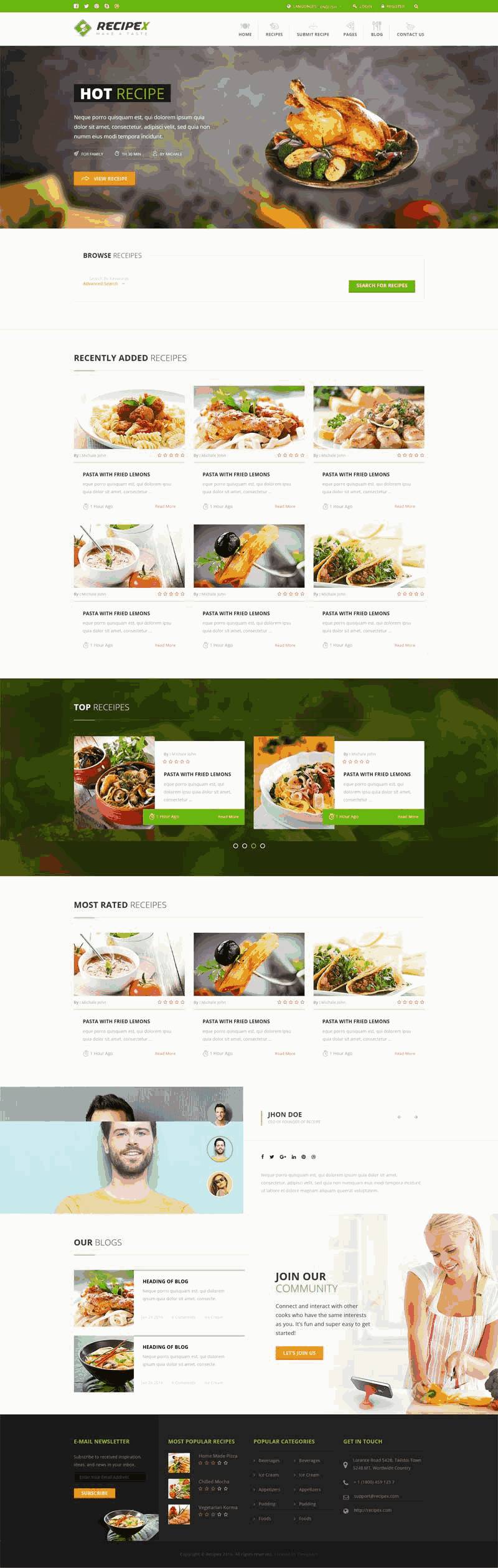 绿色餐饮美食交流平台网站WP模板（PC+手机站）演示图