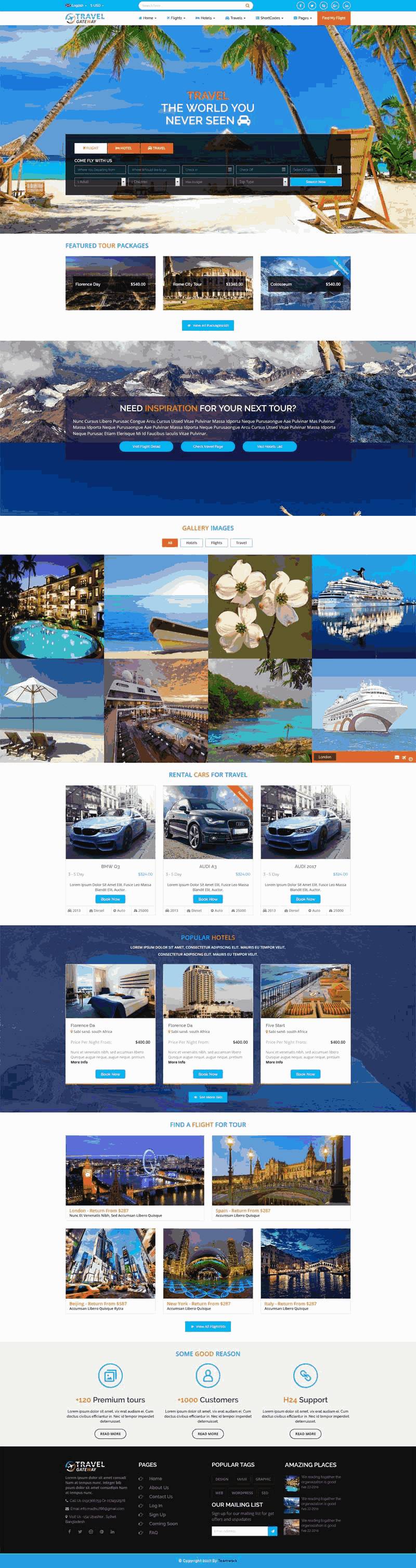 蓝色旅游酒店服务预订WordPress网站主题模板演示图