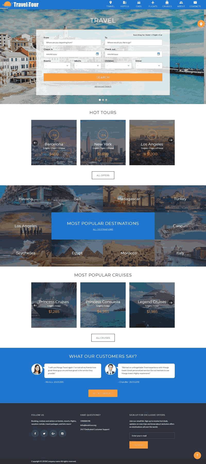 蓝色国外的旅游酒店机票一站式服务网站制作_网站建设模板演示图