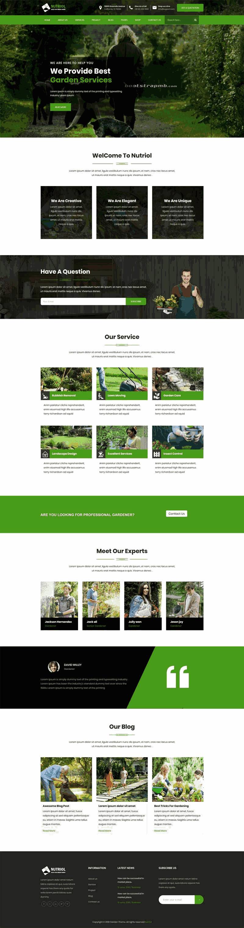 绿色花园设计服务bootstrap手机网站模板源码下载演示图