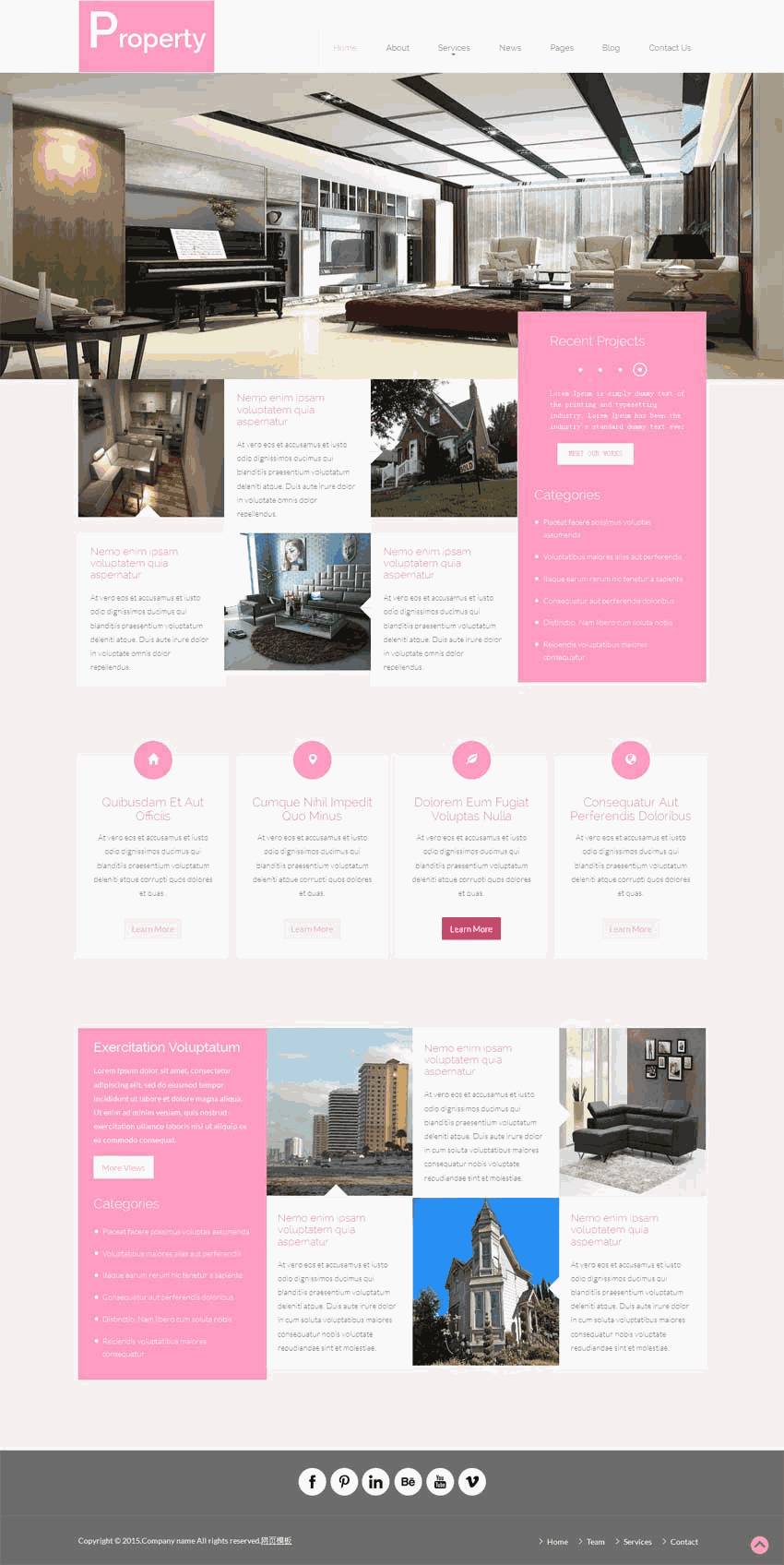 粉色创意bootstrap装饰公司网站WordPress模板下载演示图