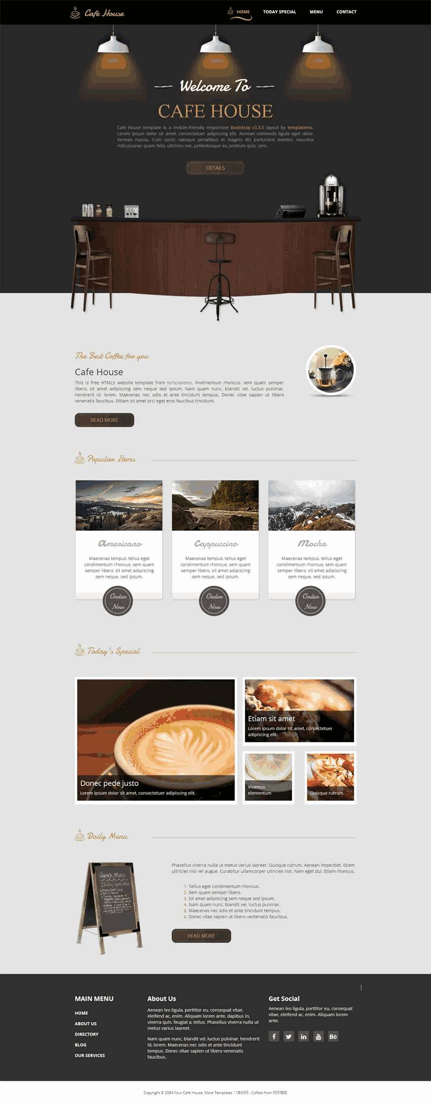 黑色html5咖啡馆网站带手机端WordPress模板演示图
