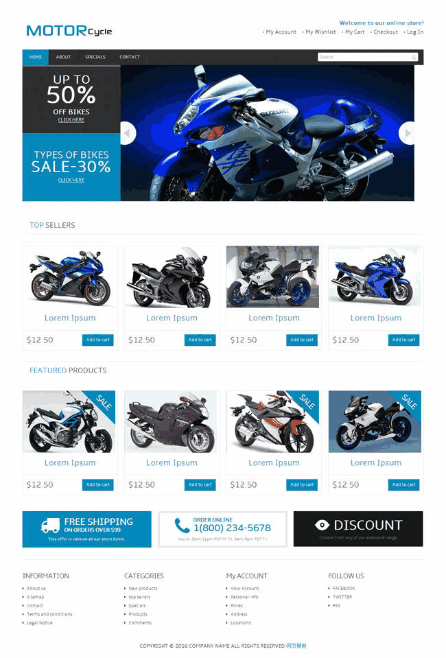 蓝色摩托车汽配销售网站WordPress模板下载演示图