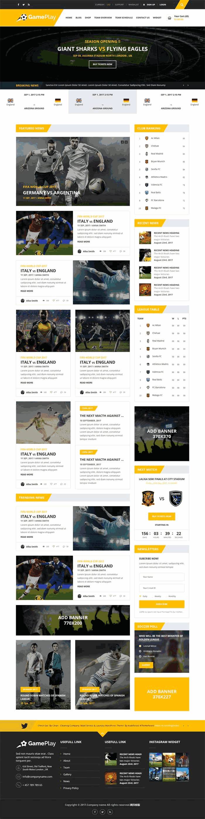 黄色扁平足球运动比赛资讯手机网站WordPress模板含手机站演示图