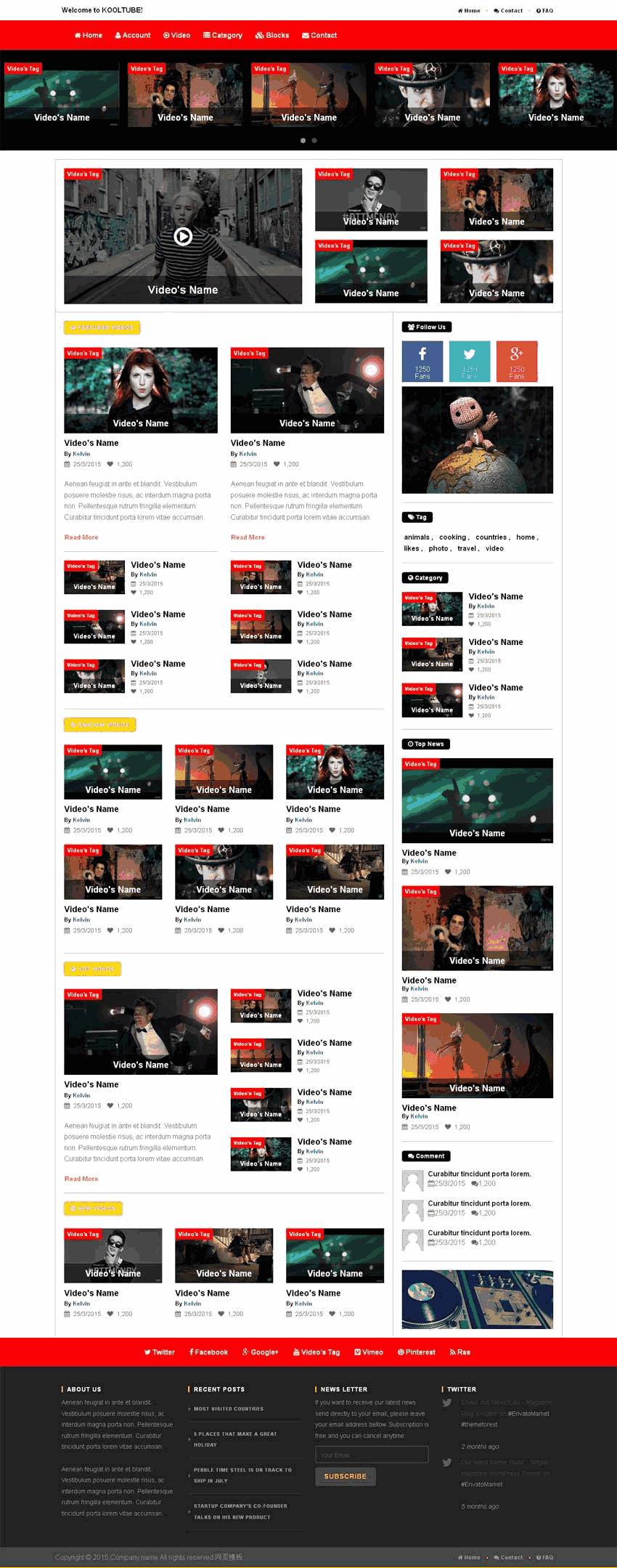 html5css3红色国外娱乐视频网站制作_网站建设模板演示图