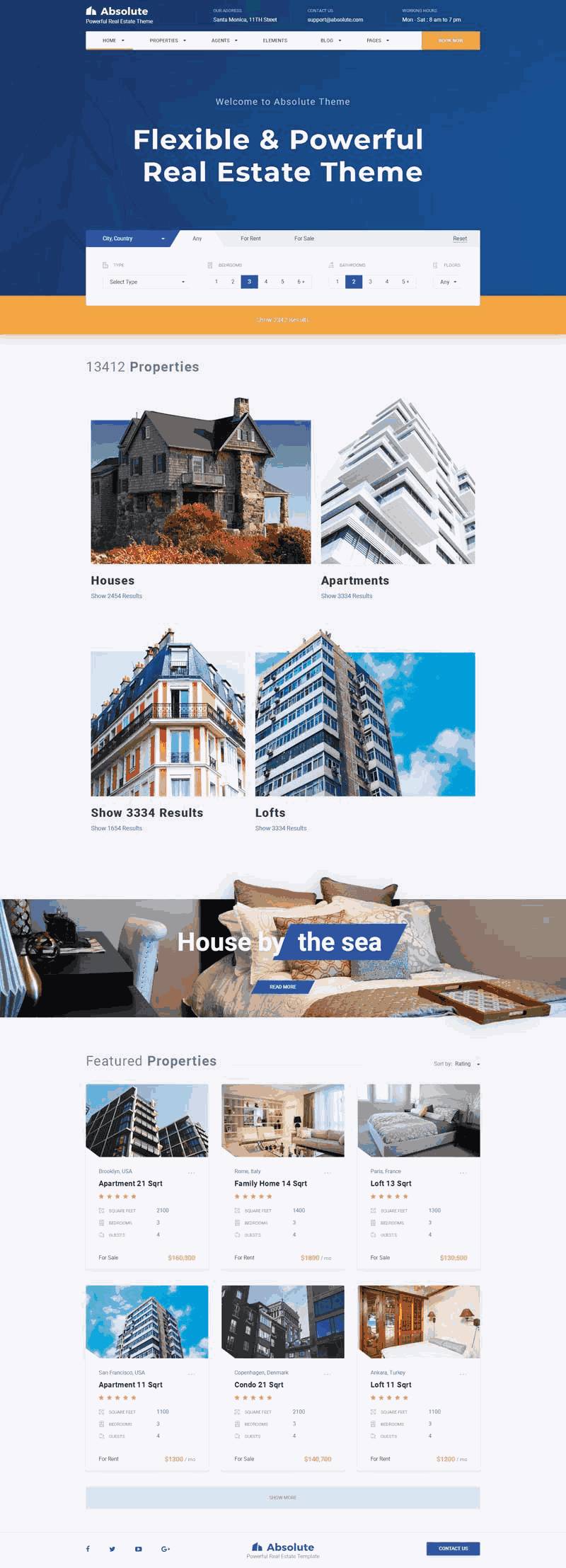 蓝色房产销售租赁交易平台网站WordPress模板下载演示图